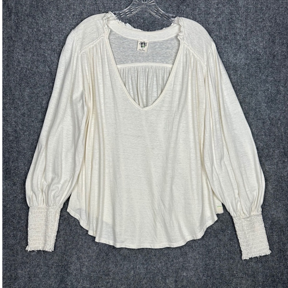 Free People Women Smocked Cuff V Neck Top Medium Boho Slub Knit Ivory White - Picture 2 of 12